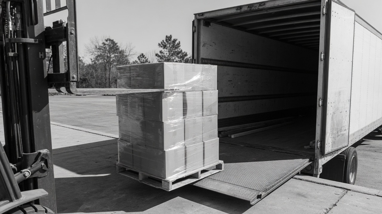 Pallet of packaged goods at the open back of a trailer on a loading dock.